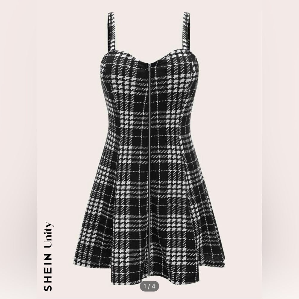 SHEIN • 1XL black and white plaid zipper front cami dress